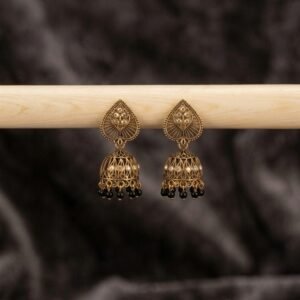 Antique Gold Heart Jhumkis with Black Beads
