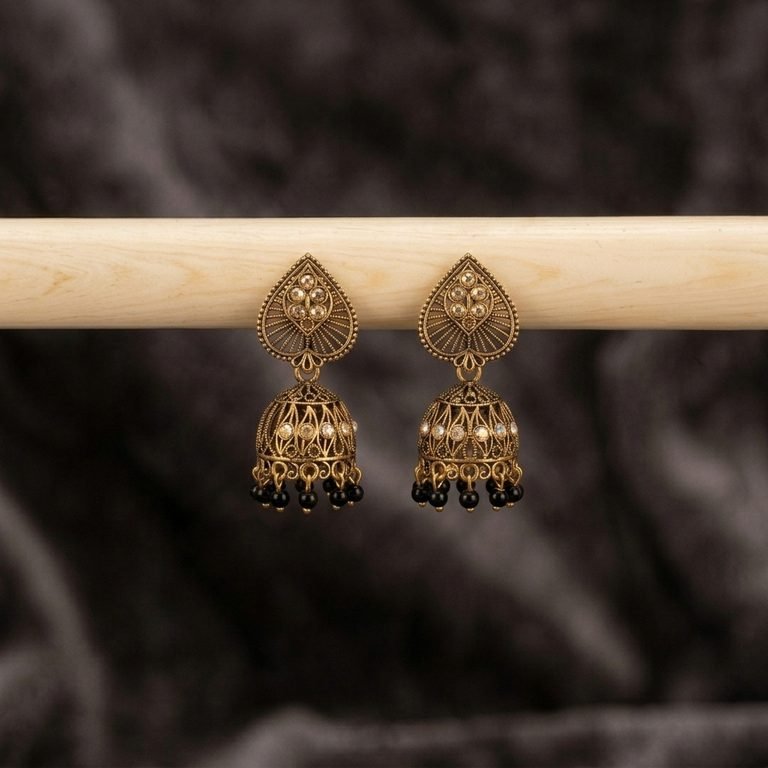 Antique Gold Heart Jhumkis with Black Beads
