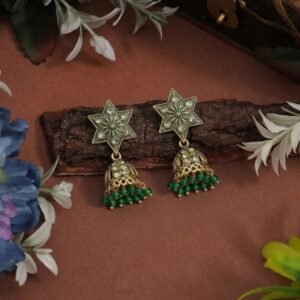 Antique Gold Star Jhumkis with Green Beads