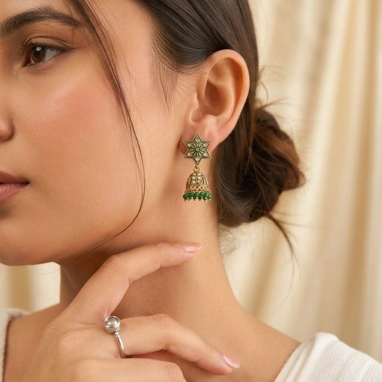 Antique Gold Star Jhumkis with Green Beads