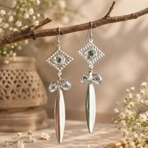 Silver Diamond Frame Crystal Drop Earrings