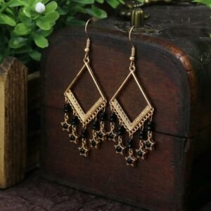 Black Star Diamond Frame Tassel Earrings