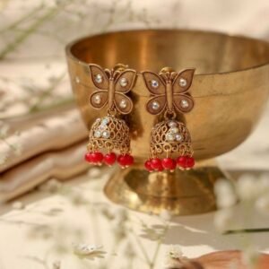 Antique Gold Butterfly Jhumkis with Red Beads
