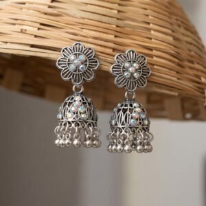 Oxidized Silver Floral Jhumkis