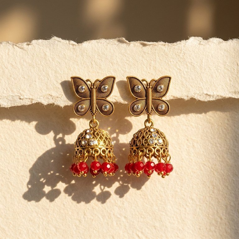 Antique Gold Butterfly Jhumkis with Red Beads