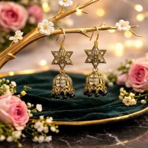 Antique Gold Star Jhumkis with Black Beads