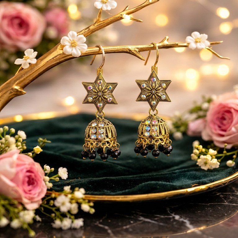 Antique Gold Star Jhumkis with Black Beads