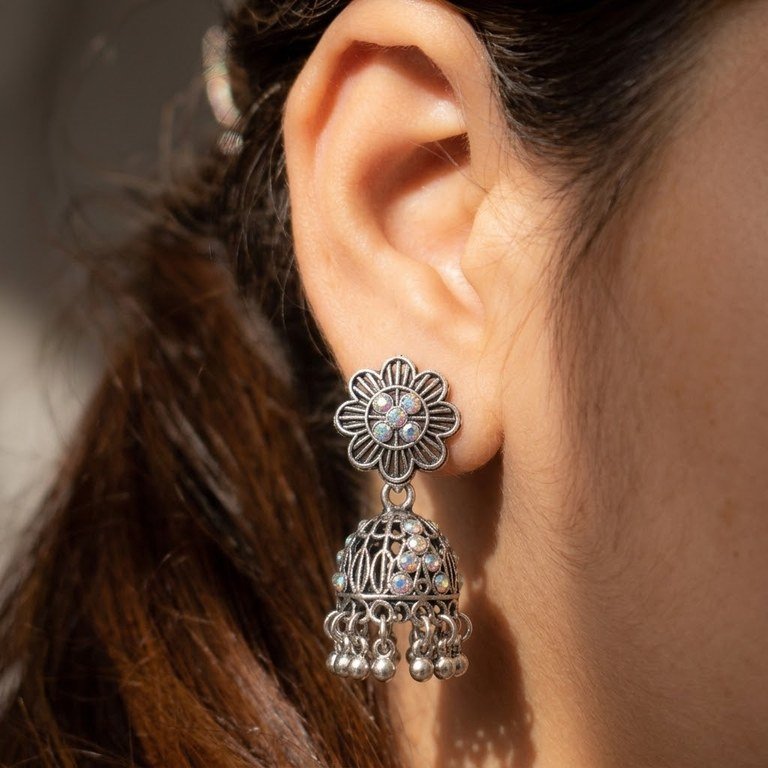 Oxidized Silver Floral Jhumkis